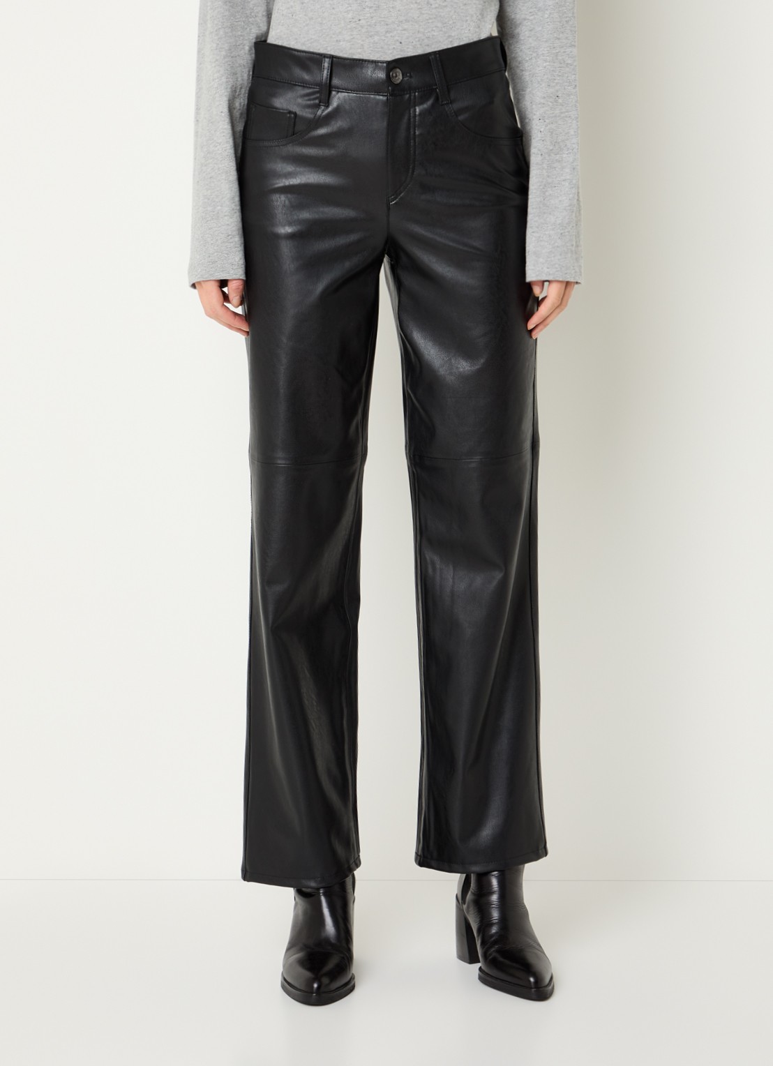 Gardeur Mid waist straight leg broek van imitatieleer - detail zwart