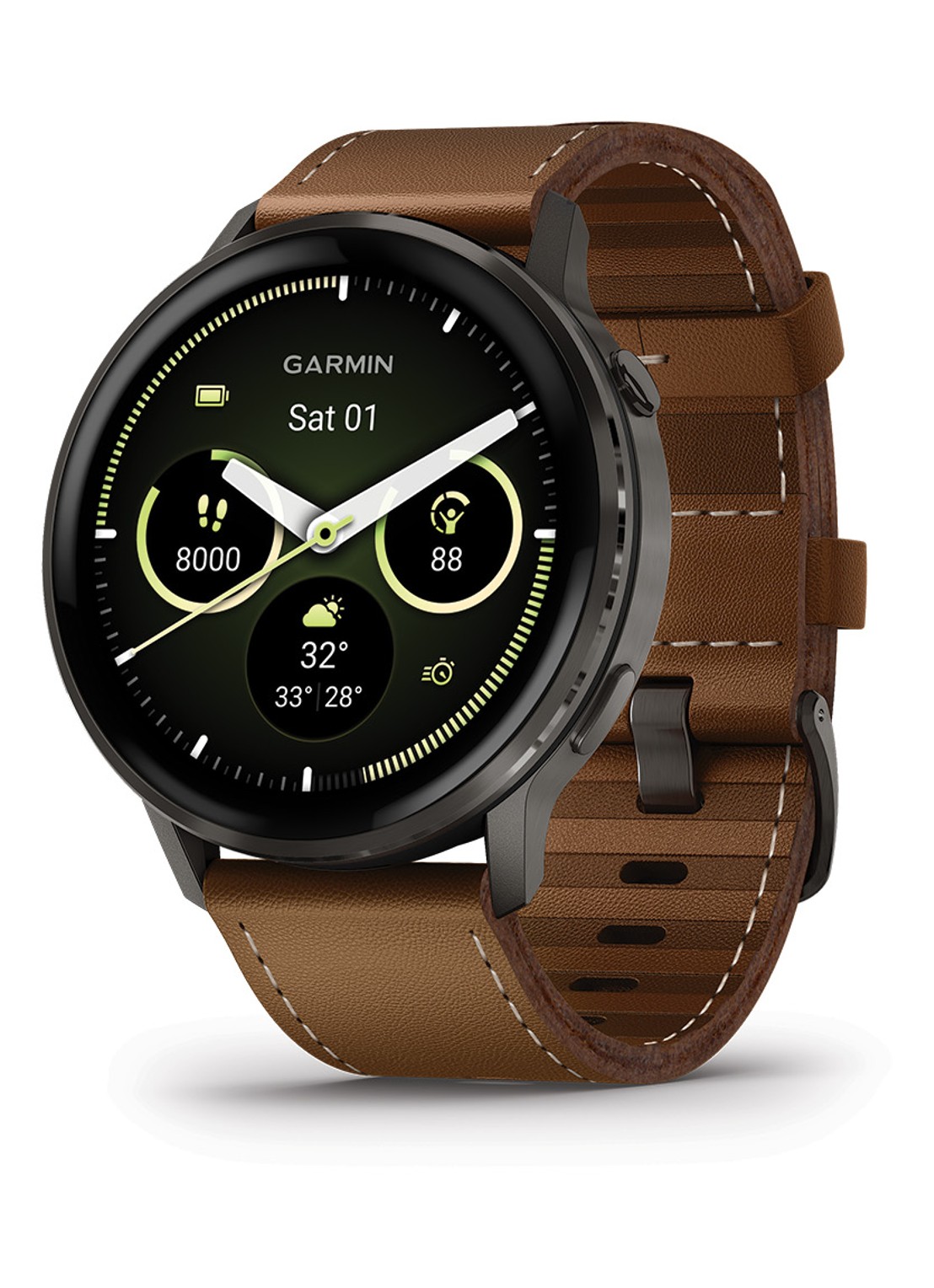 Garmin Venu 4 smartwatch 45 mm, met siliconen en lederen band - voorkant 6 bruin
