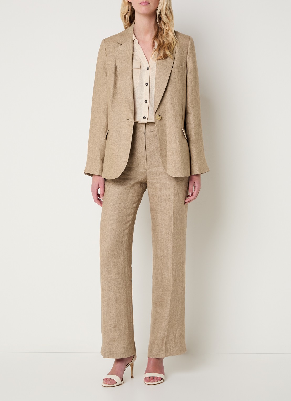 Gerard Darel Abigail high waist straight fit pantalon van linnen met steekzakken - voorkant 2 donkerbeige