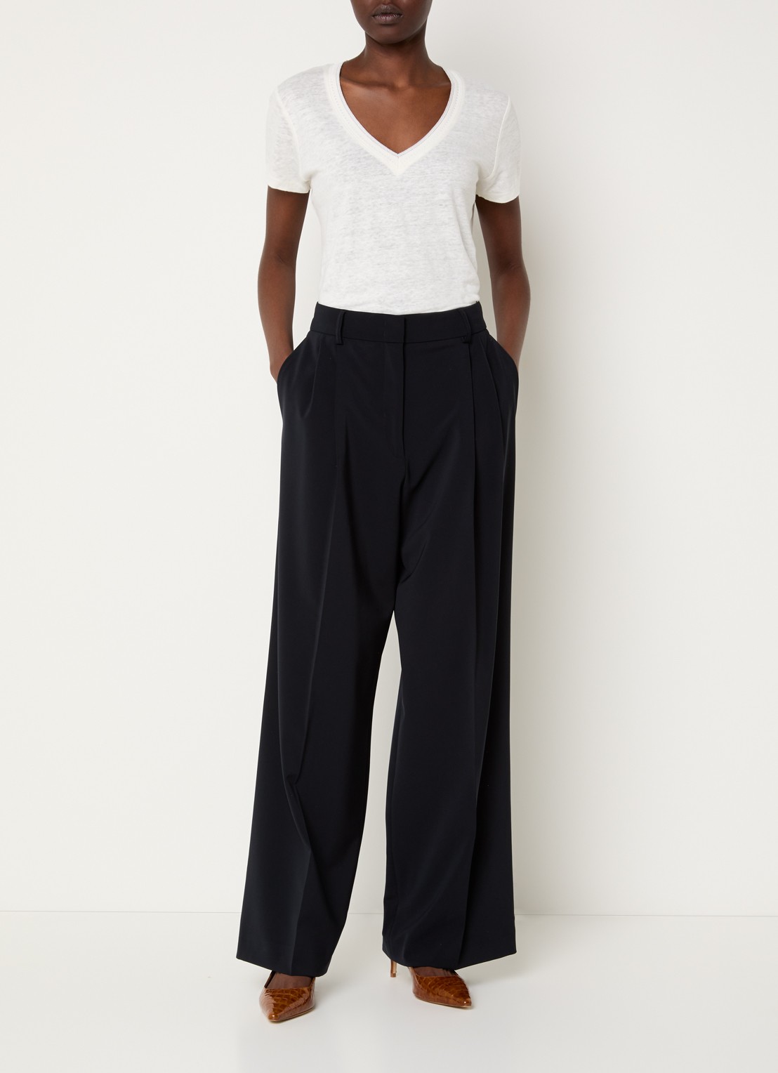 Gerard Darel Alissia high waist wide fit pantalon met steekzakken - voorkant 2 donkerblauw