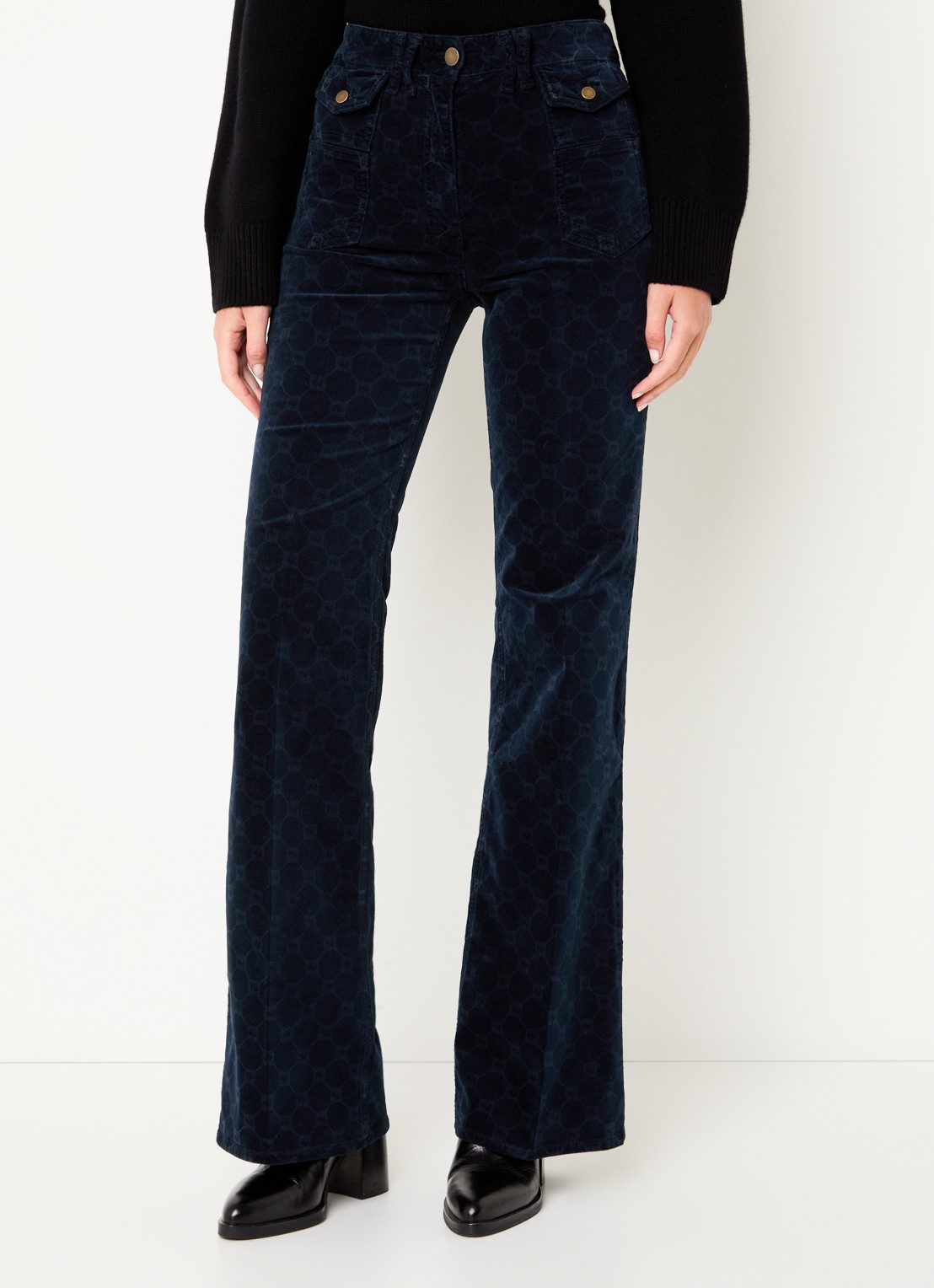Gerard Darel Anna high waist flared fit broek van corduroy met logoprint - detail donkerblauw
