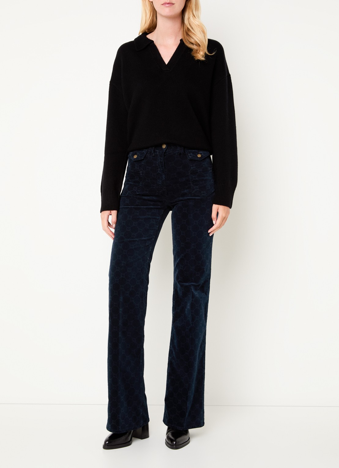 Gerard Darel Anna high waist flared fit broek van corduroy met logoprint - voorkant 3 donkerblauw