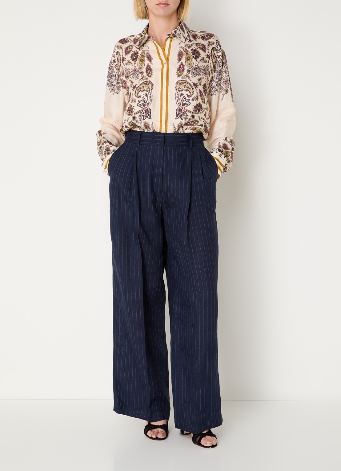 Gerard Darel Ayla high waist wide fit pantalon van linnen met krijtstreep - voorkant 3 donkerblauw