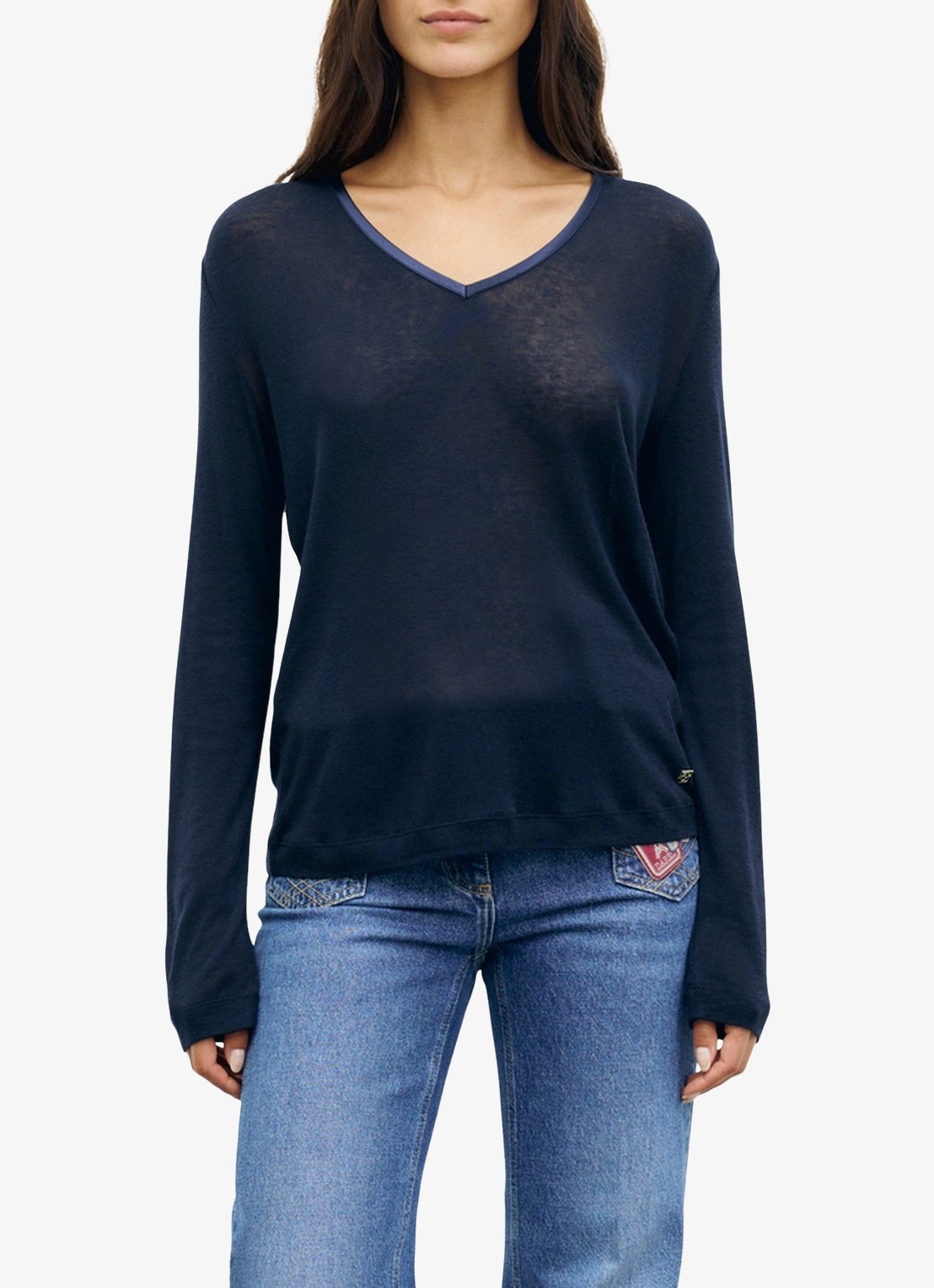 Gerard Darel Belen longsleeve in wolblend met V-hals - detail 2 donkerblauw