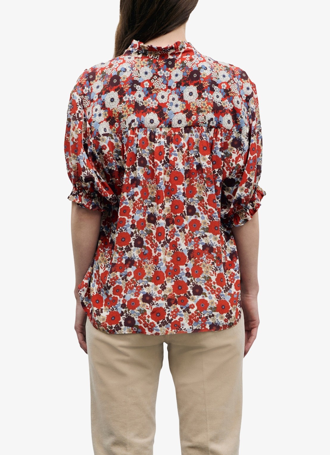 Gerard Darel Blouse met bloemenprint en ruches - achterkant rood
