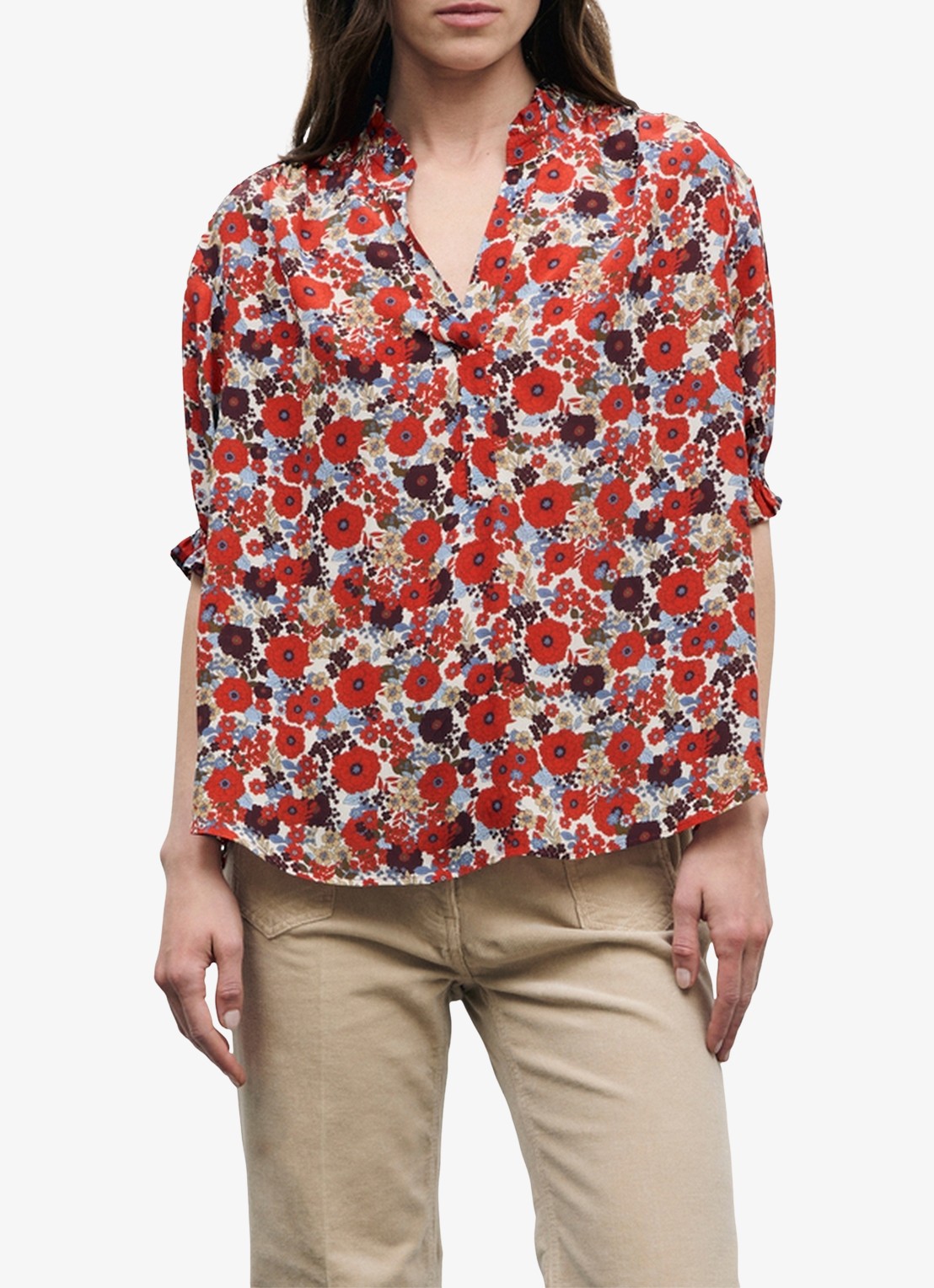 Gerard Darel Blouse met bloemenprint en ruches - detail 4 rood
