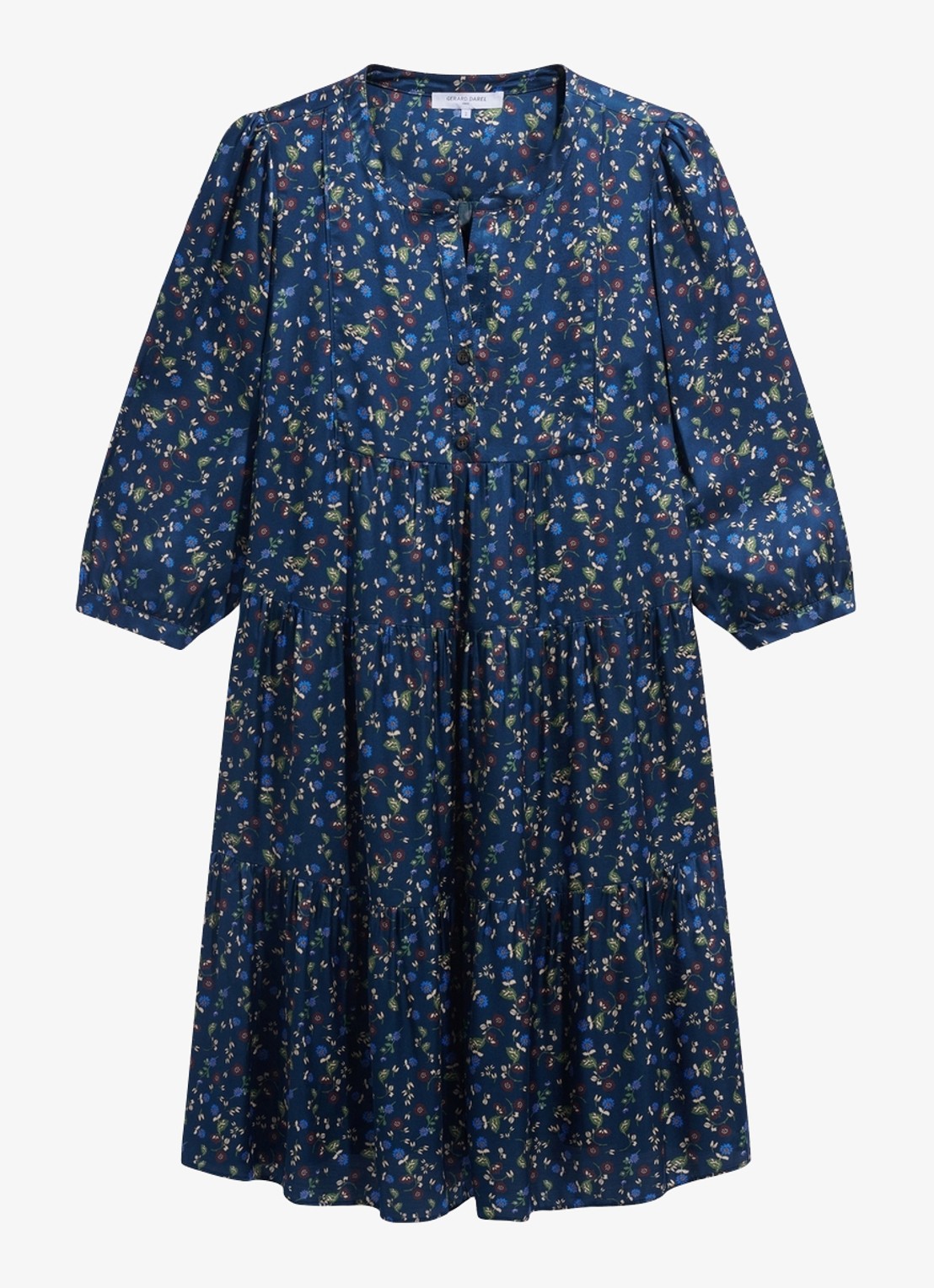 Gerard Darel Caly midi jurk met bloemenprint - voorkant donkerblauw