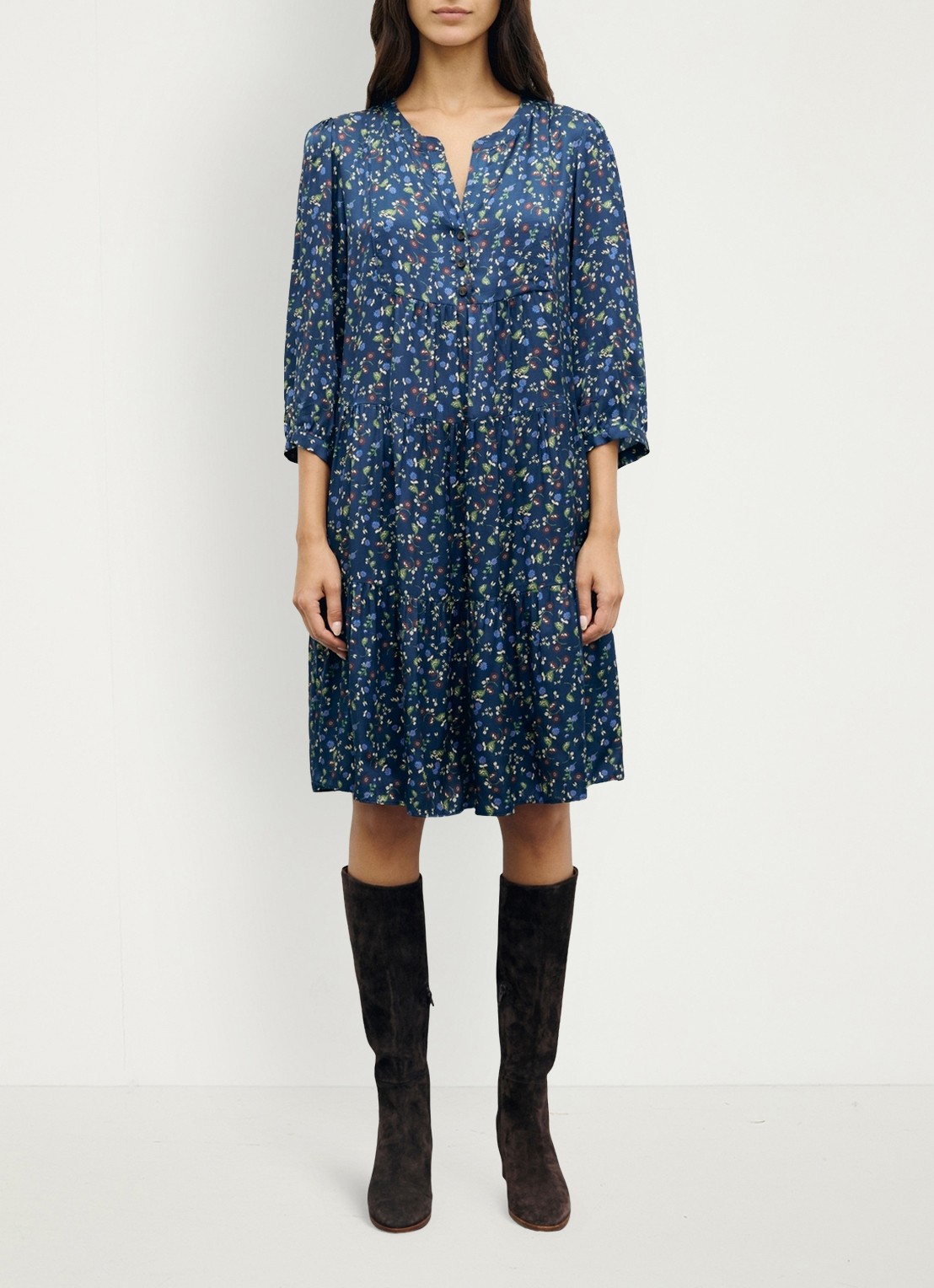 Gerard Darel Caly midi jurk met bloemenprint - voorkant 2 donkerblauw