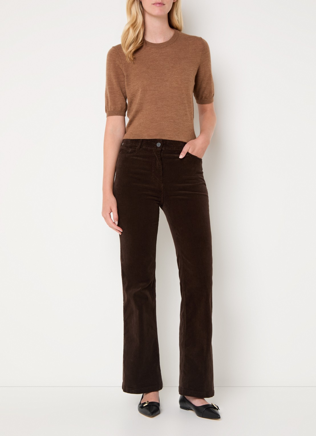 Gerard Darel Chantal high waist straight fit broek van corduroy - voorkant 2 donkerbruin