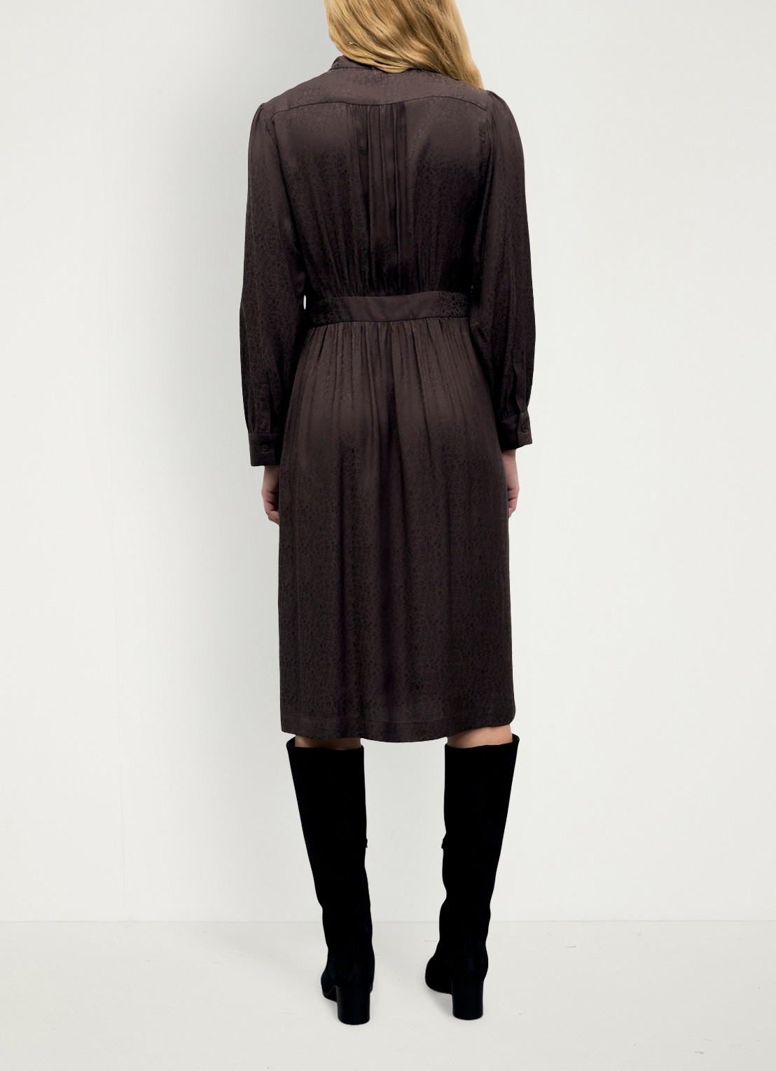 Gerard Darel Cleme midi jurk met jaquard dessin - achterkant donkerbruin