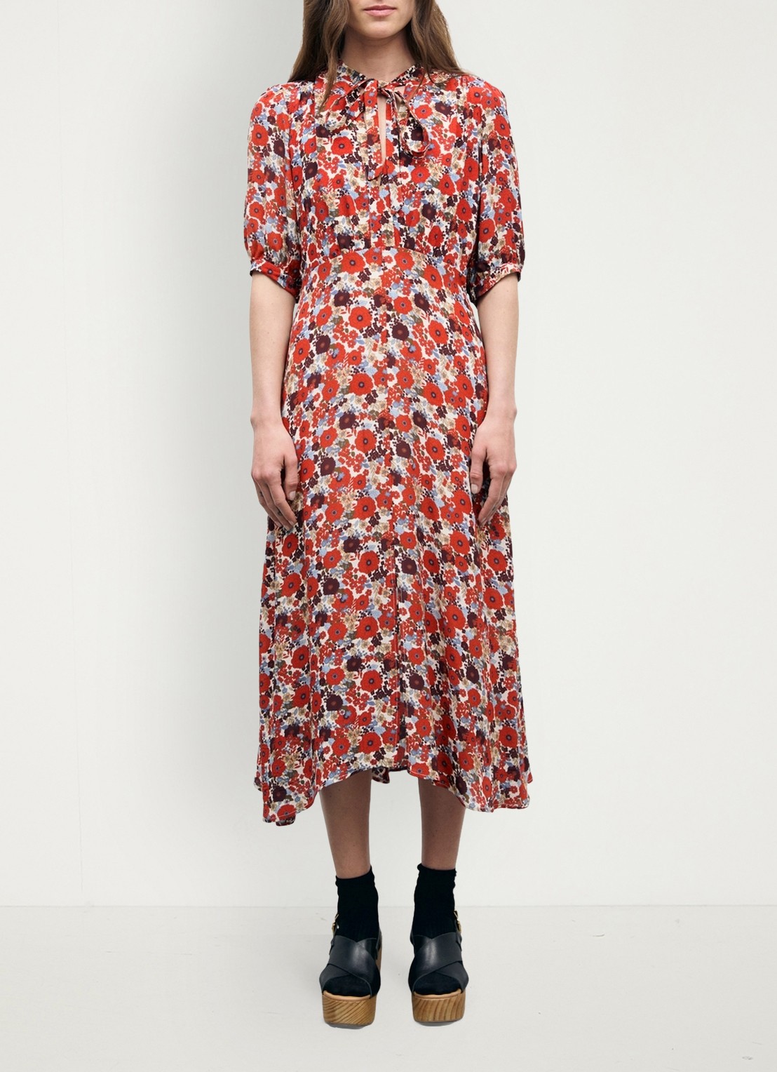 Gerard Darel Coco midi jurk met bloemenprint - voorkant 6 creme