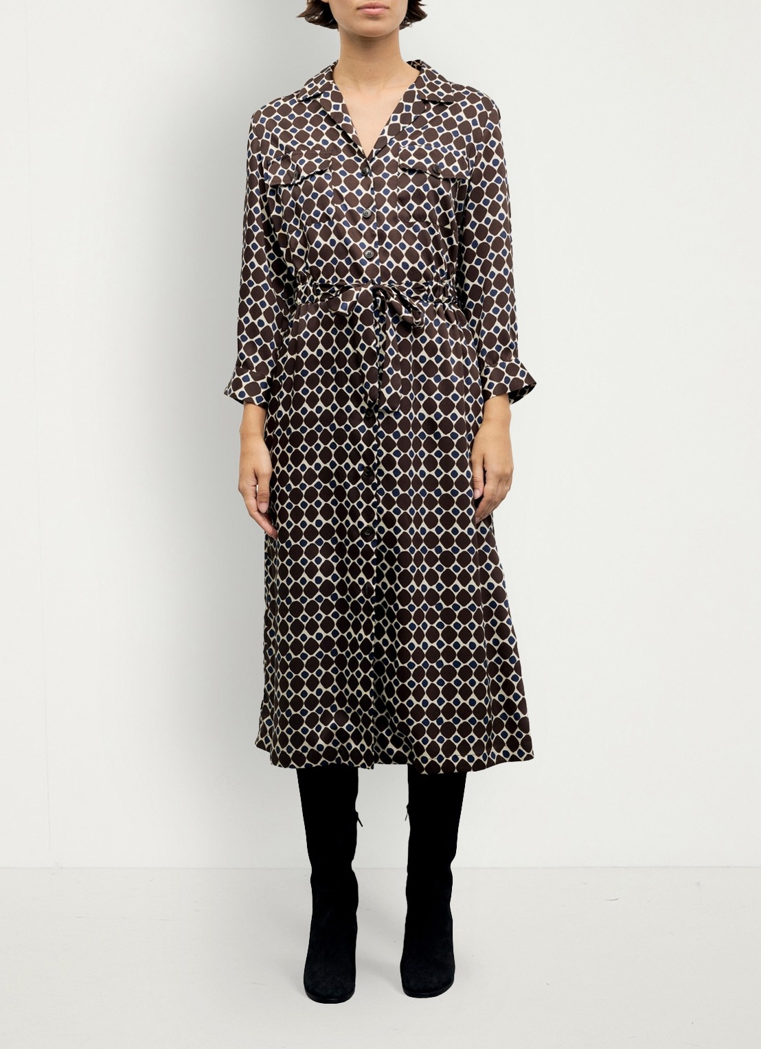 Gerard Darel Coni midi blousejurk met grafische print - voorkant 5 bruin
