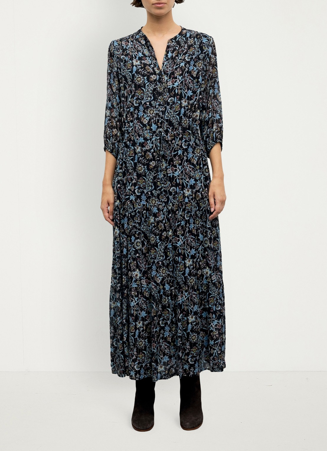 Gerard Darel Corie maxi jurk van zijde met bloemenprint - voorkant 2 zwart