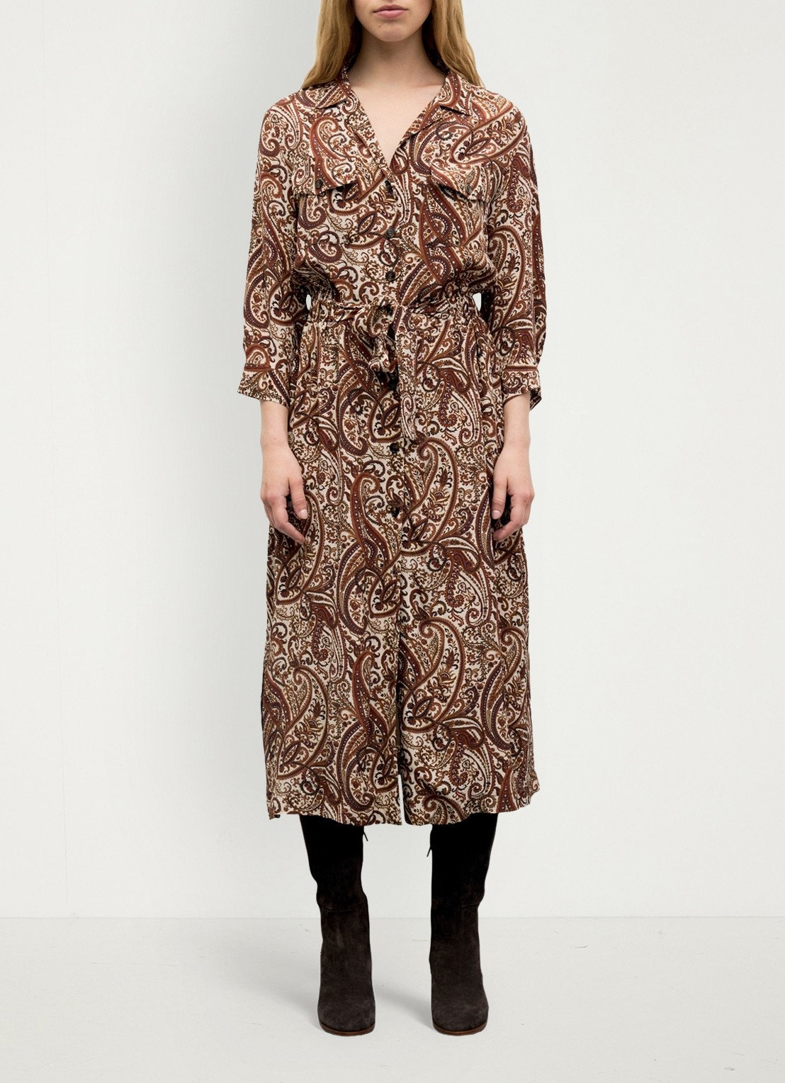 Gerard Darel Cyra midi blousejurk met paisley dessin - voorkant 2 bruin