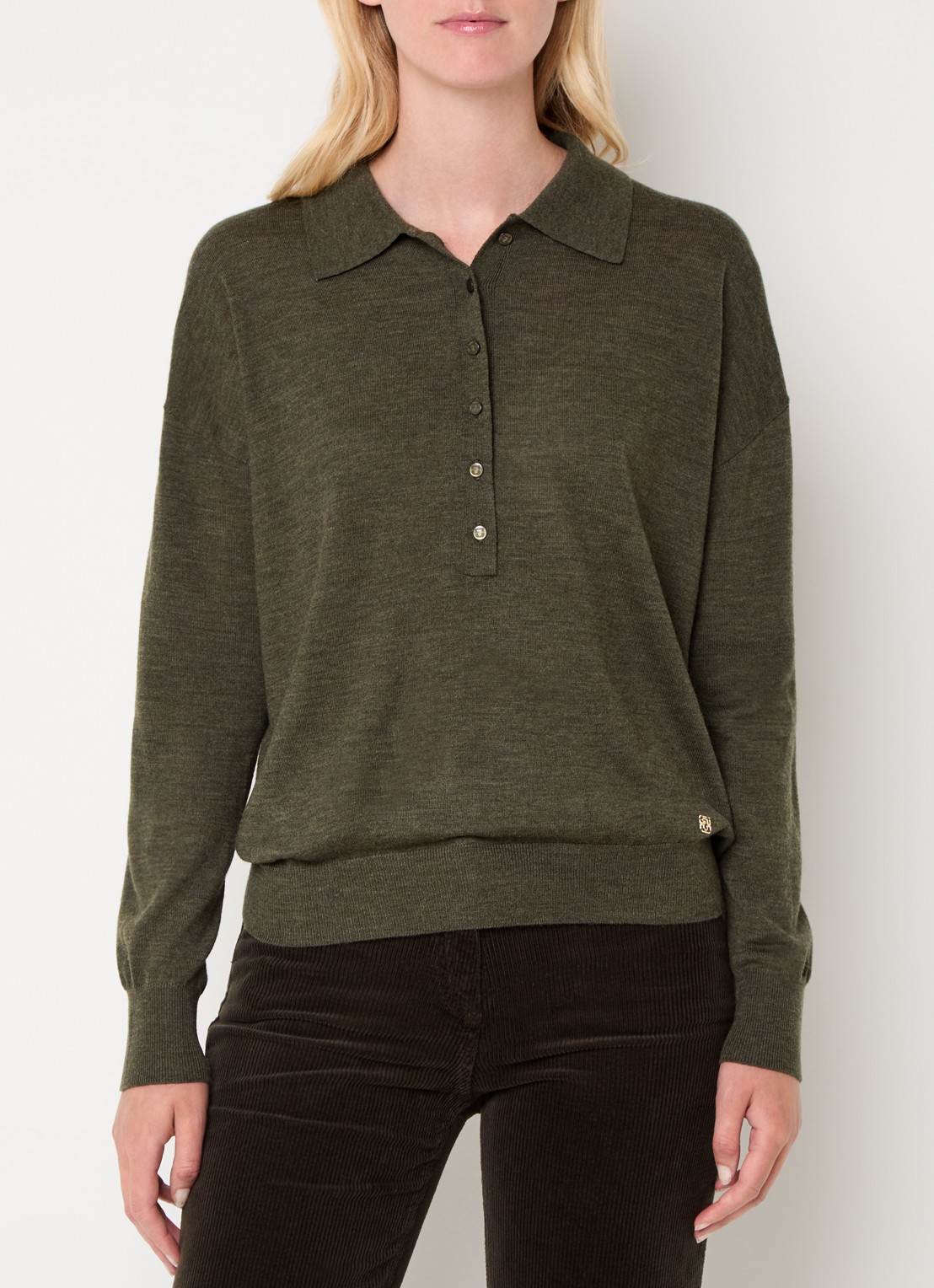 Gerard Darel Emeline fijngebreide pullover van merino wol - detail 3 bronsgroen