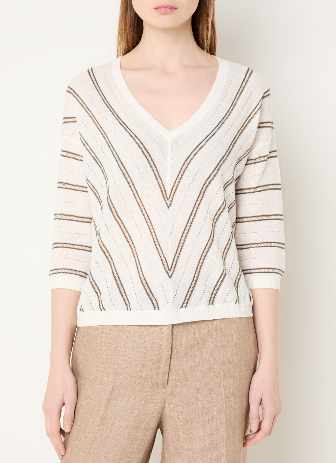 Gerard Darel Fijngebreide pullover in linnenblend met streepprint - detail khaki