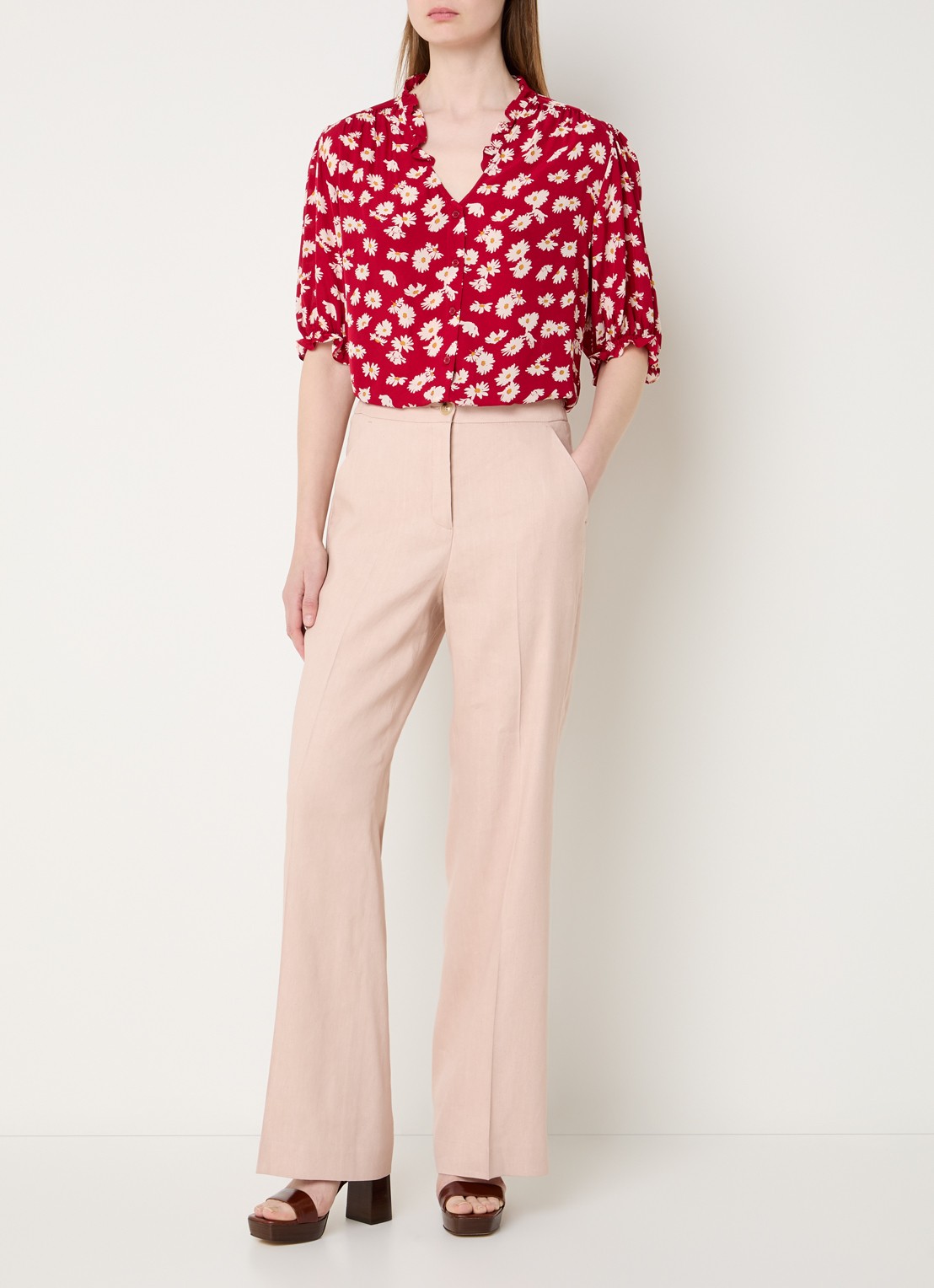 Gerard Darel High waist loose fit pantalon in linnenblend met steekzakken - voorkant 4 lichtroze