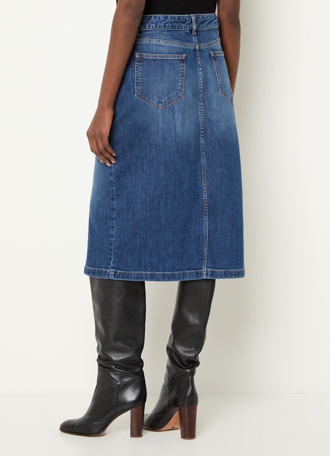 Gerard Darel Janaelle midi spijkerrok met steekzakken en split - achterkant 3 donkerblauw