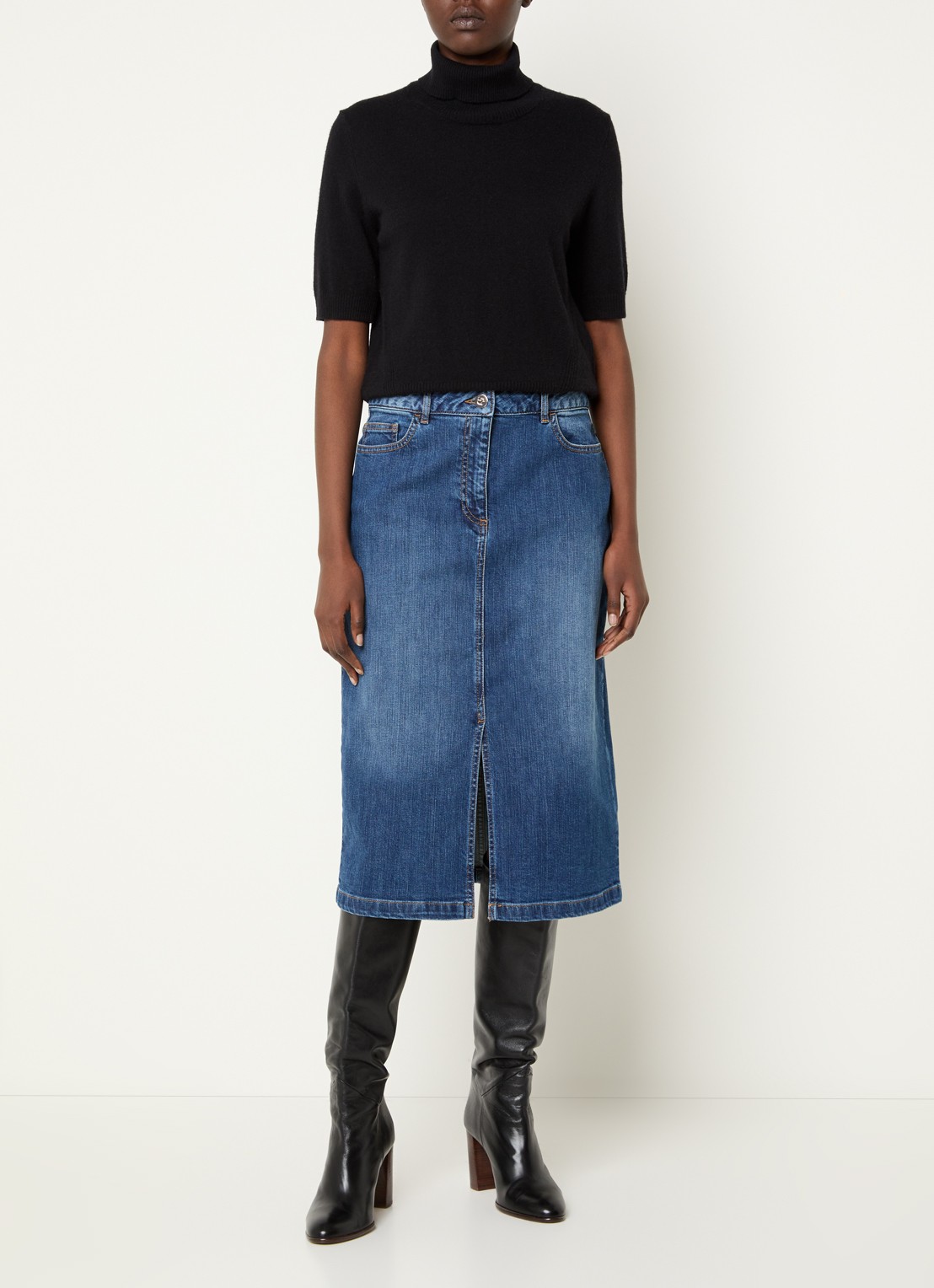 Gerard Darel Janaelle midi spijkerrok met steekzakken en split - voorkant 2 donkerblauw