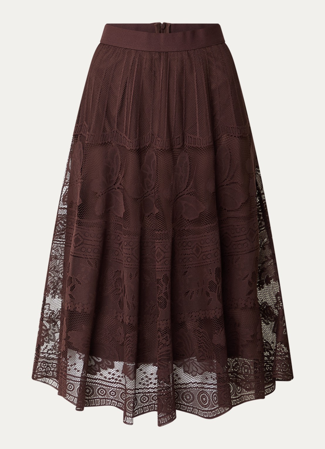 Gerard Darel Jany midi rok met bloemenprint van kant - voorkant donkerbruin