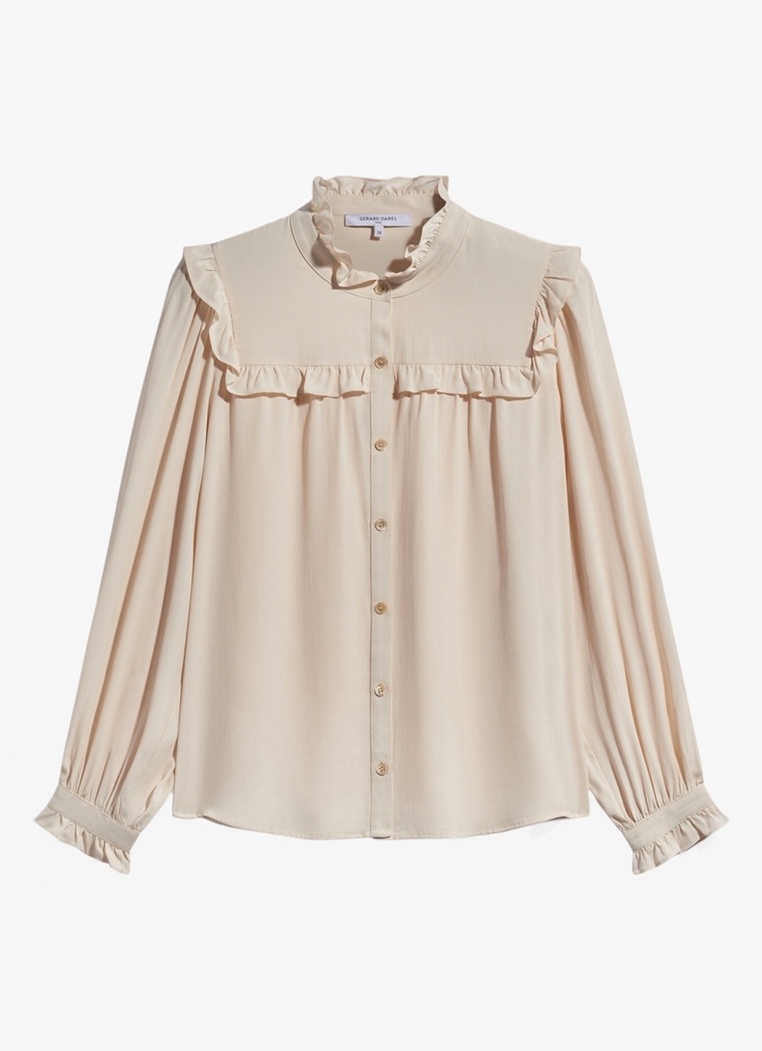 Gerard Darel Leia blouse in zijdeblend met ruches - voorkant beige