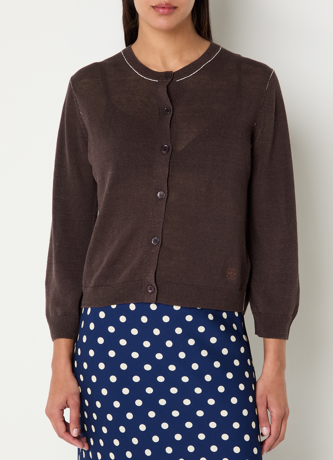 Gerard Darel Lorys fijngebreid vest in linnenblend - detail donkerbruin