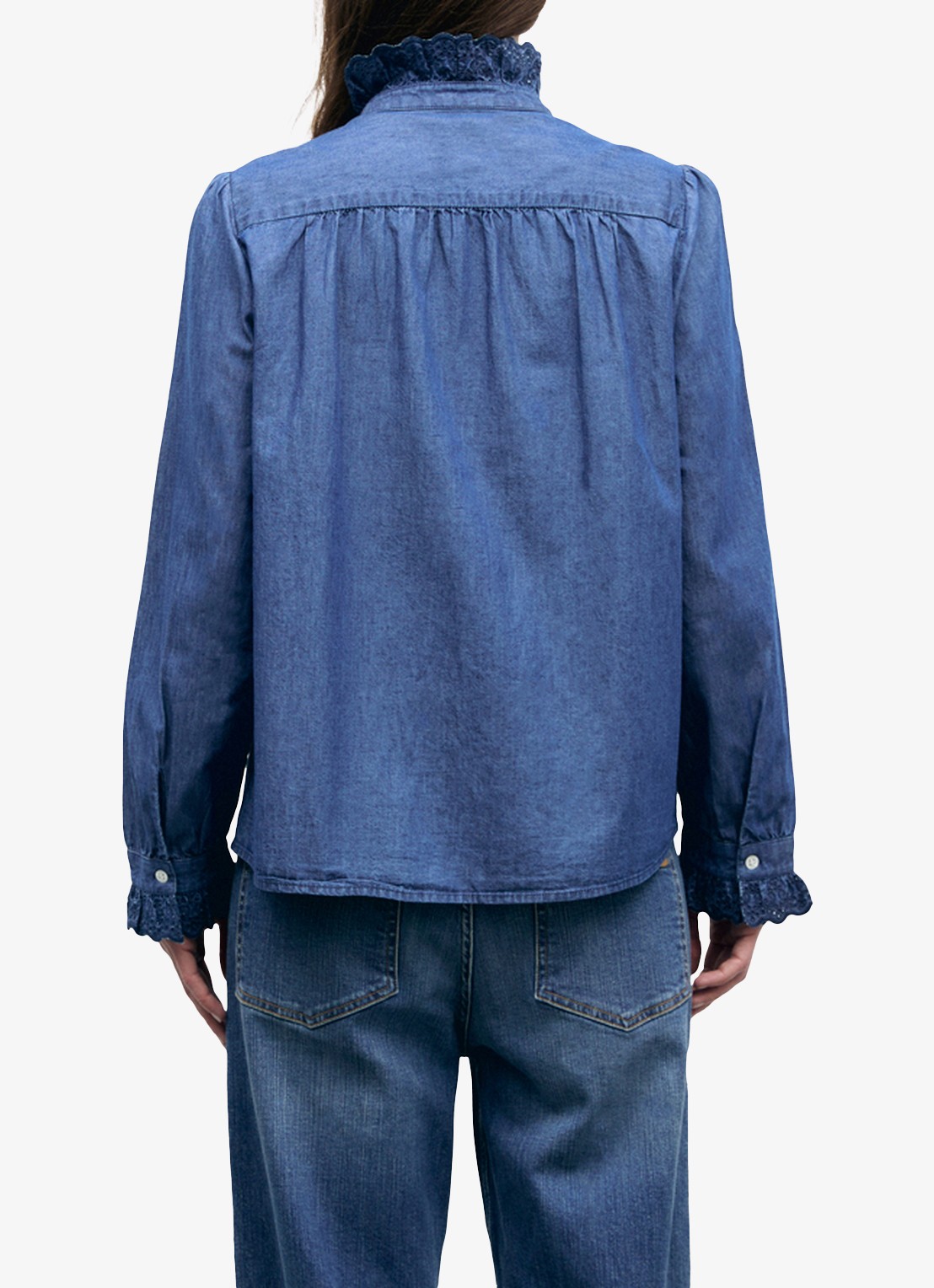 Gerard Darel Loupy blouse van denim met ruches - achterkant 4 donkerblauw