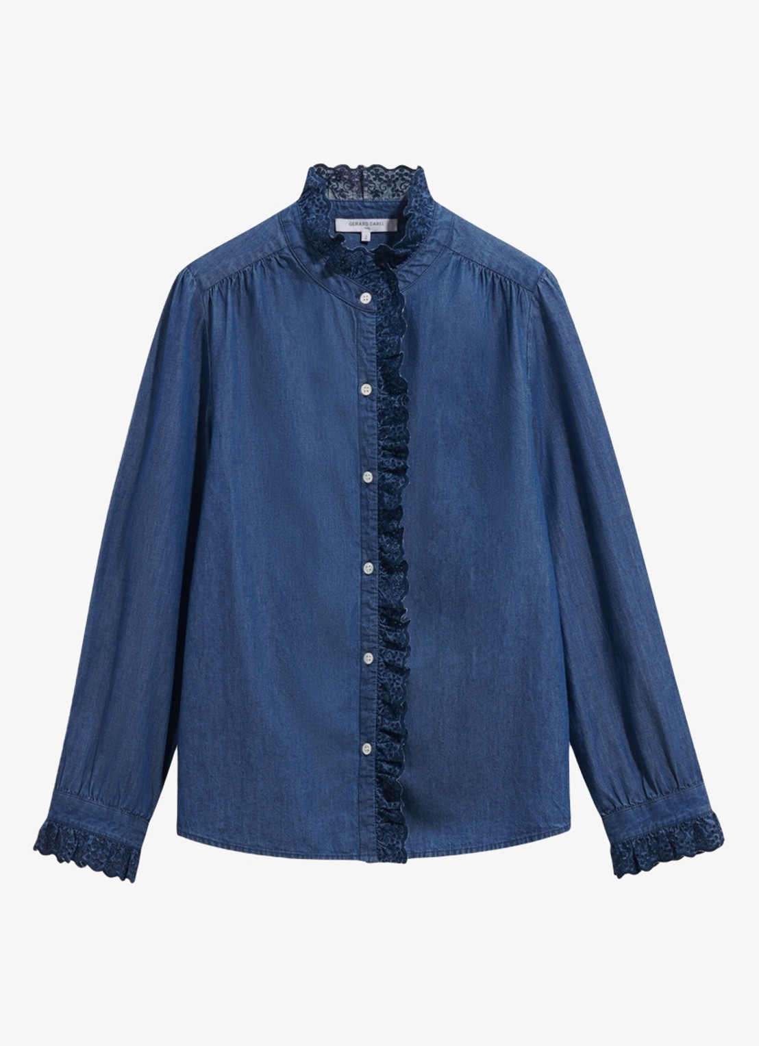 Gerard Darel Loupy blouse van denim met ruches - voorkant 2 donkerblauw