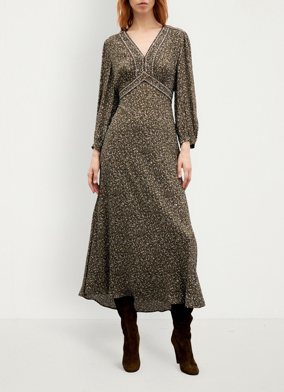 Gerard Darel Midi jurk met V-hals  - detail 3 mosgroen