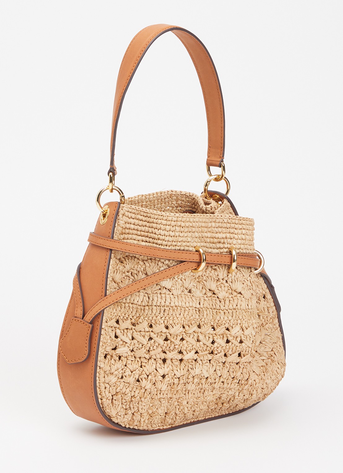 Gerard Darel Mini Romy handtas van raffia met leren details - achterkant 4 roestbruin