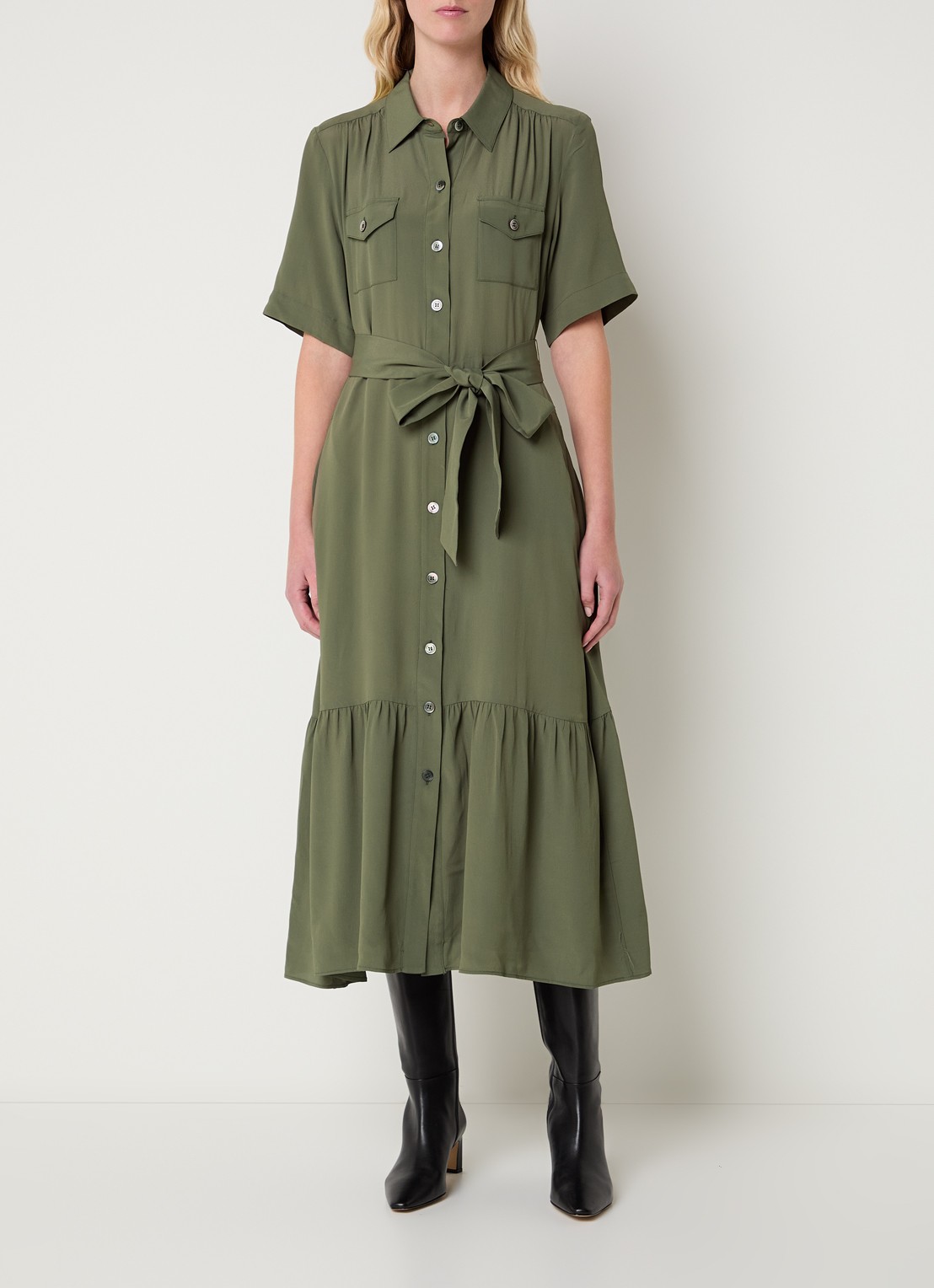 Gerard Darel Raina midi blousejurk met borstzakken en strikceintuur - detail 4 olijfgroen