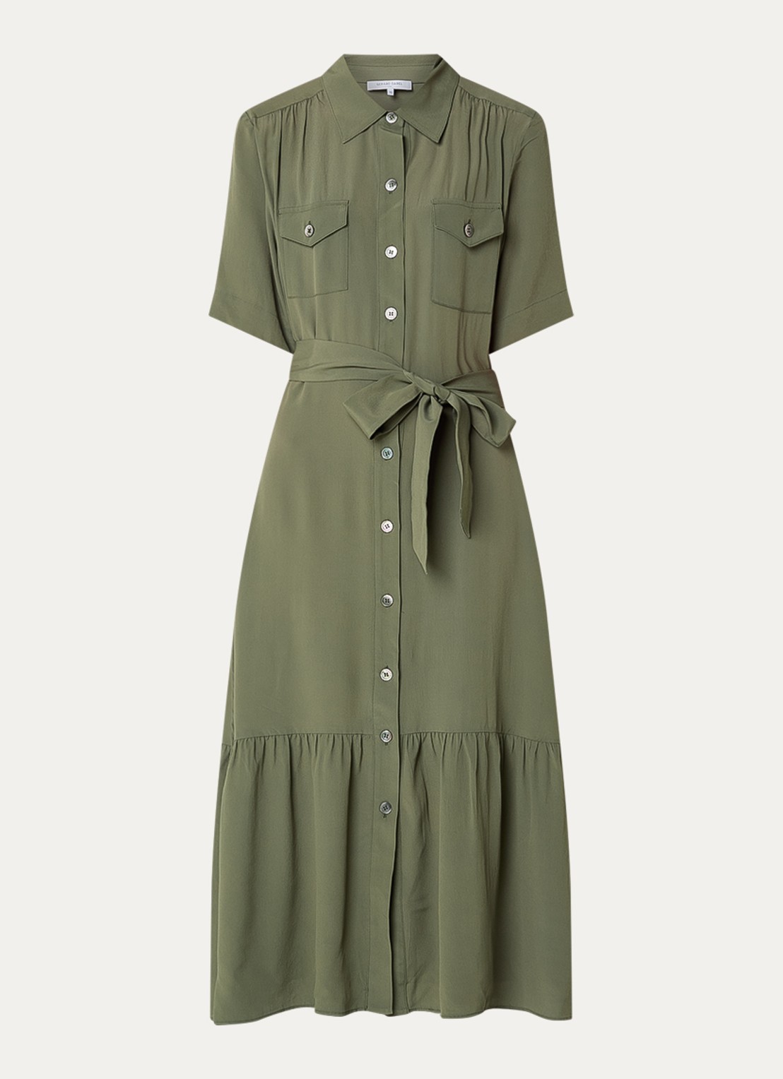 Gerard Darel Raina midi blousejurk met borstzakken en strikceintuur - voorkant 2 olijfgroen