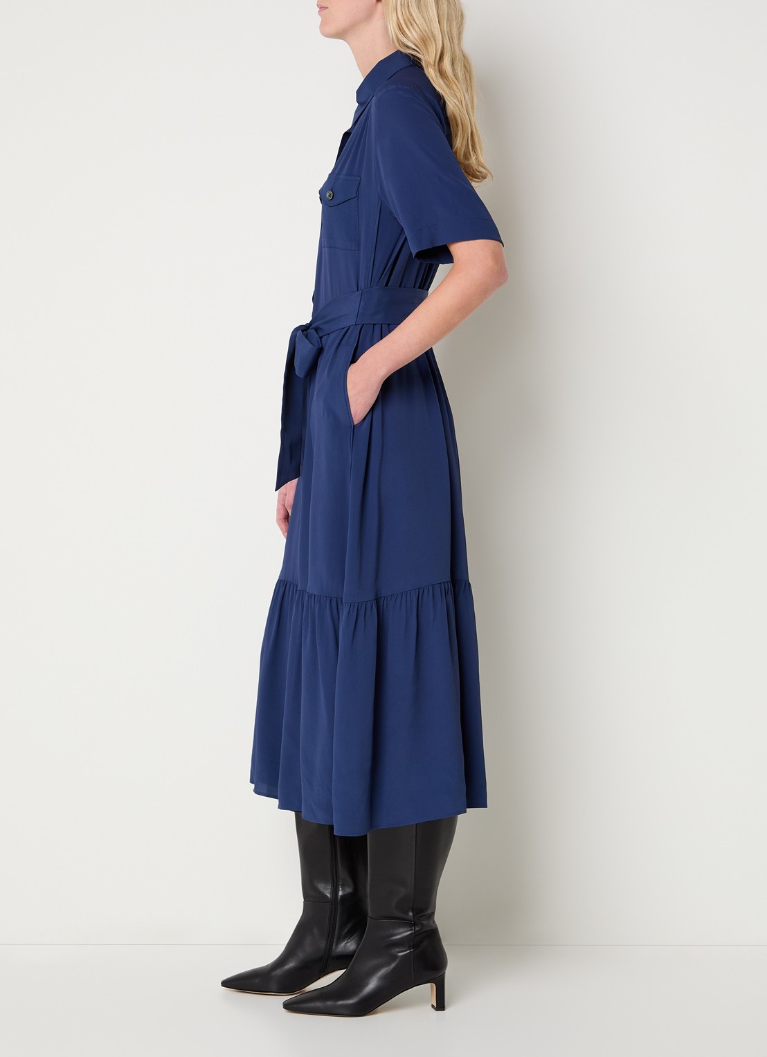 Gerard Darel Raina midi blousejurk met borstzakken en strikceintuur - voorkant 2 donkerblauw
