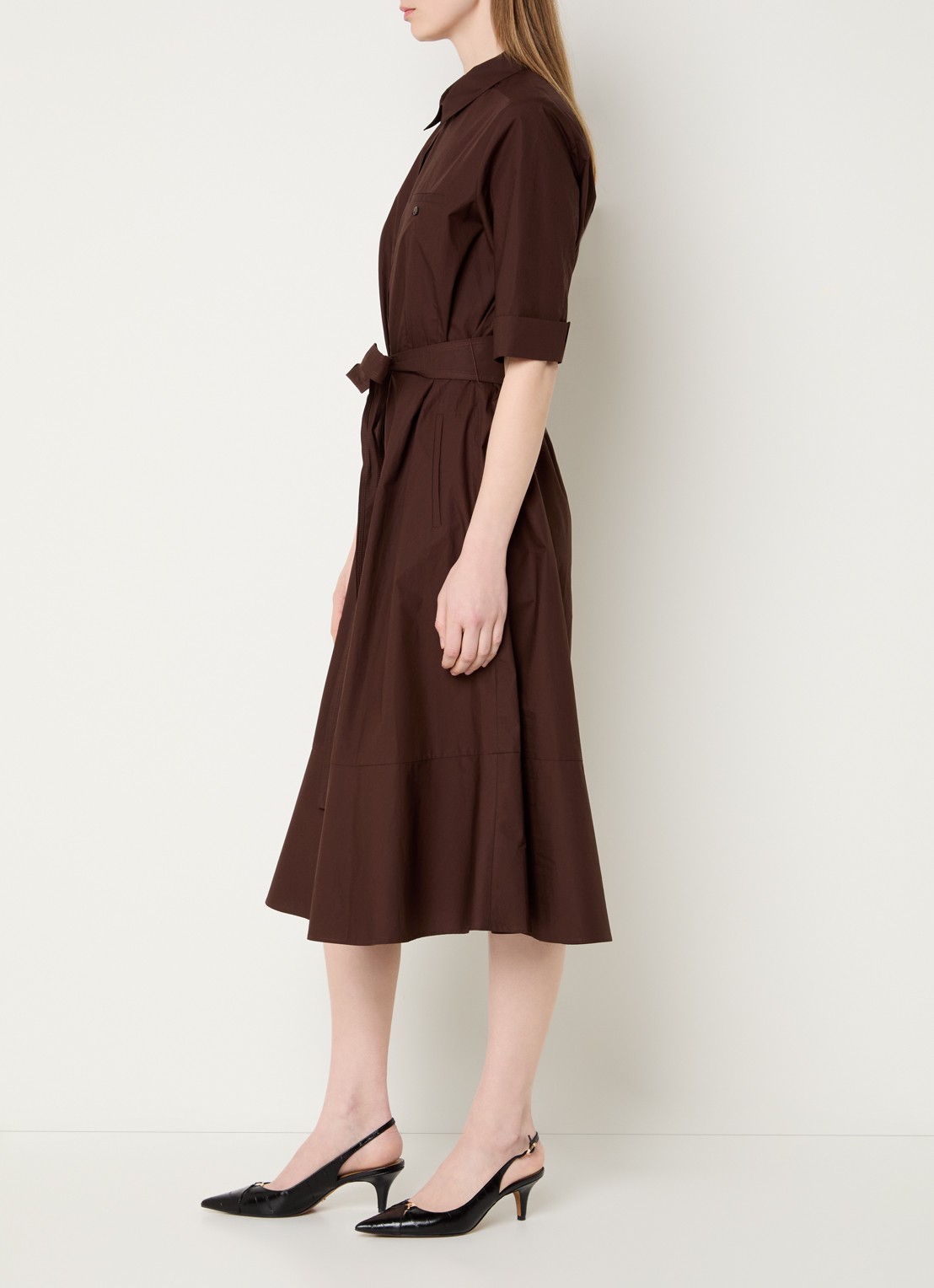 Gerard Darel Rana midi blousejurk met strikceintuur - voorkant 3 donkerbruin