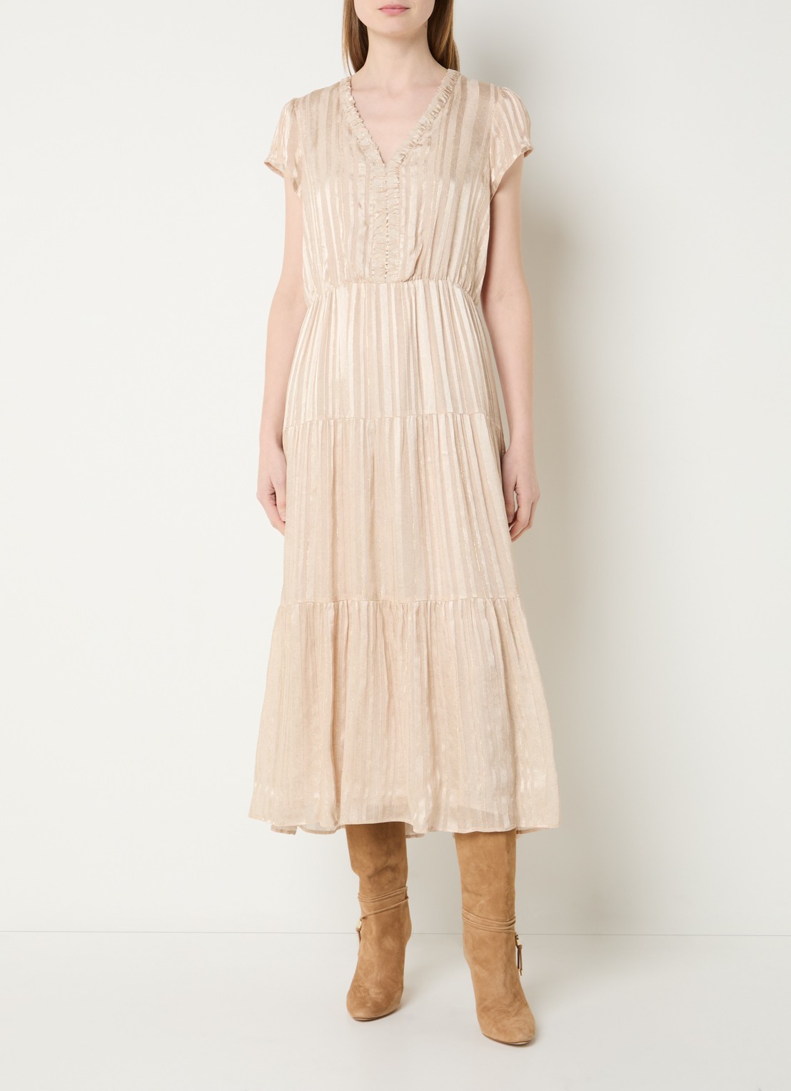 Gerard Darel Rionna midi A-lijn tuniekjurk met streepprint en lurex - detail beige