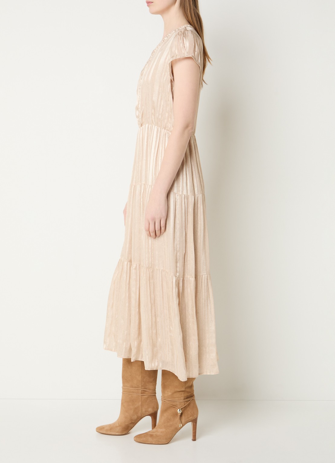 Gerard Darel Rionna midi A-lijn tuniekjurk met streepprint en lurex - voorkant 4 beige