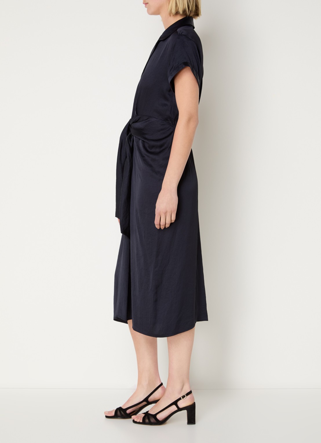 Gerard Darel Rosy midi tuniekjurk van satijn met strikceintuur - voorkant 3 donkerblauw