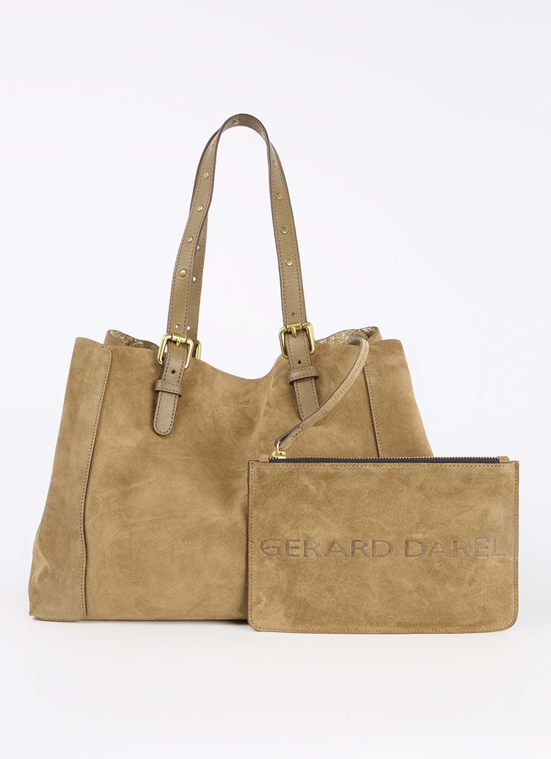 Gerard Darel Simple Bag shopper van suède met uitneembaar etui - voorkant 2 camel