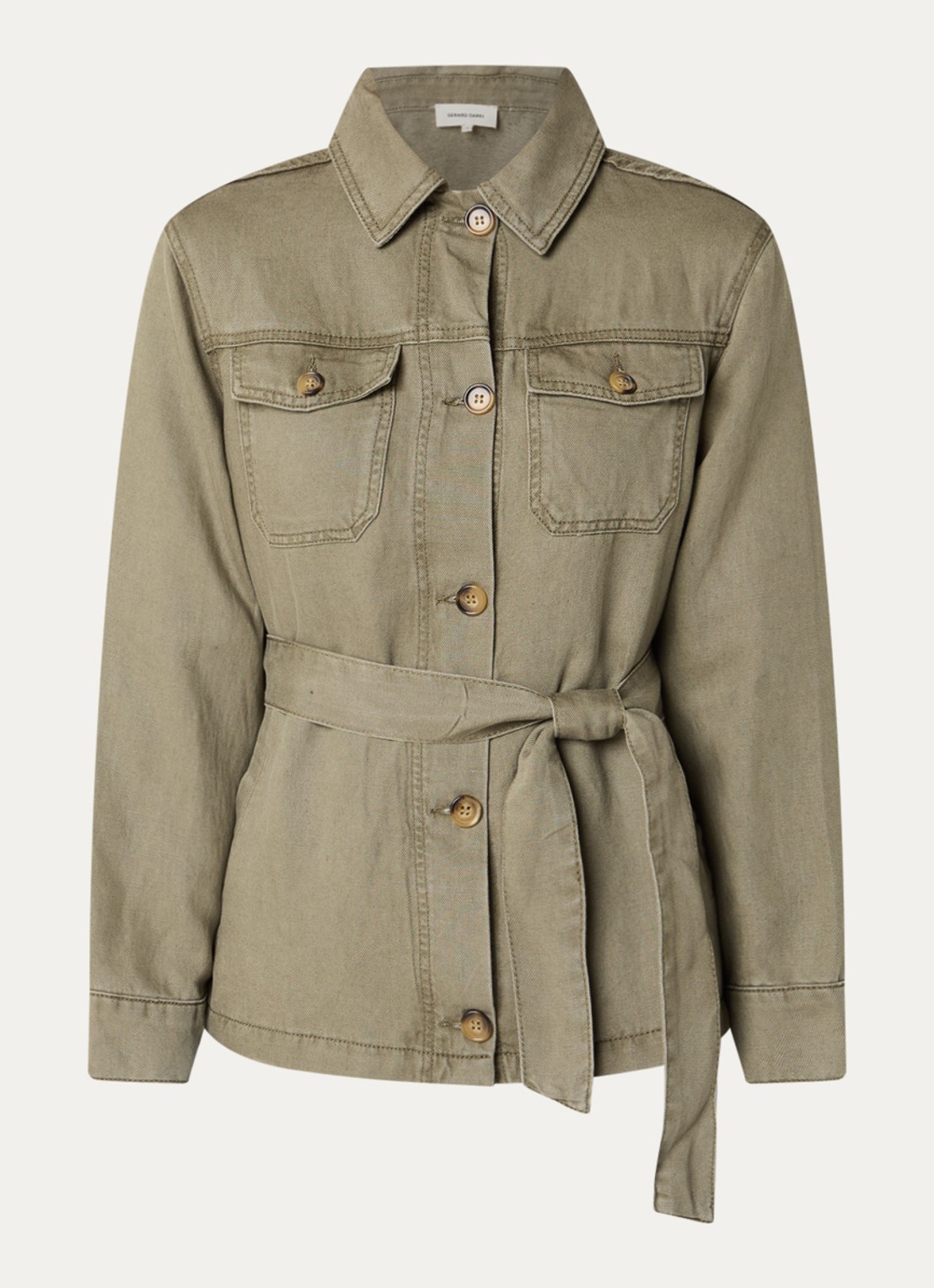Gerard Darel Thalitha jack in linnenblend met ceintuur - voorkant mosgroen