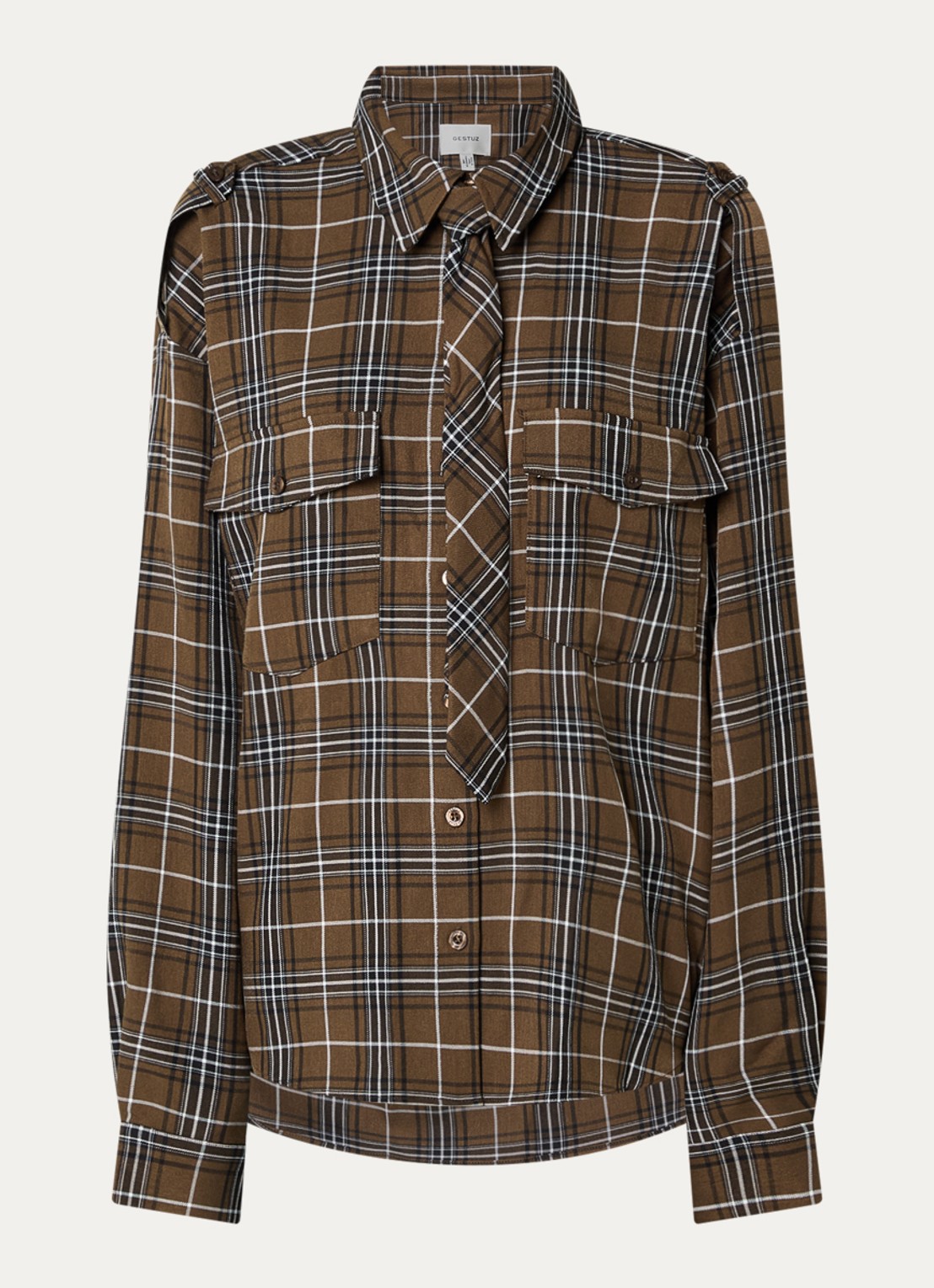 Gestuz Aleya blouse met borstzakken en ruitdessin - voorkant 3 mosgroen