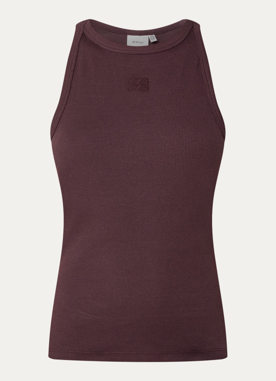 Gestuz Drew tanktop met ribstructuur en logo - voorkant 2 kastanjebruin