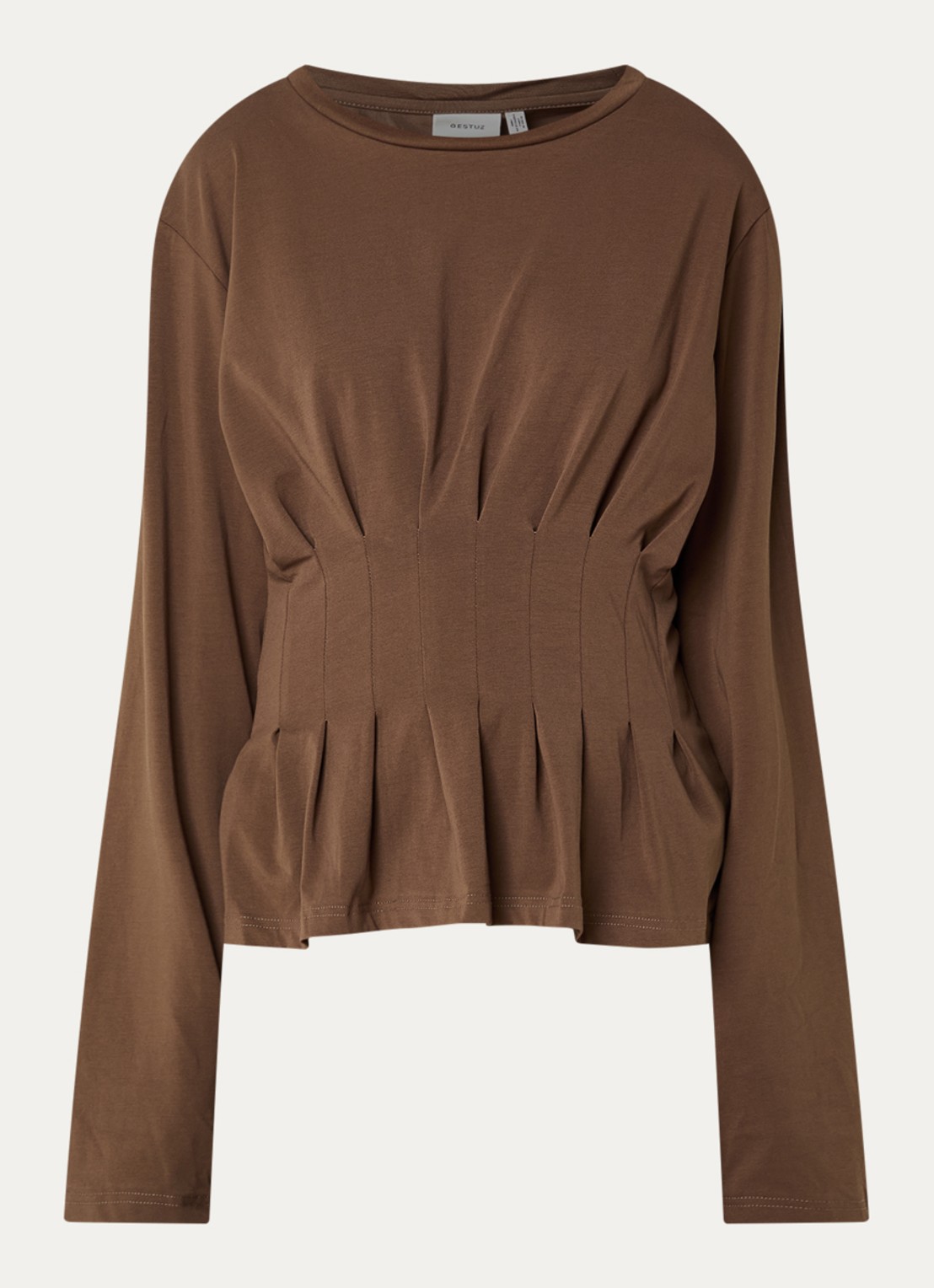 Gestuz Inez longsleeve met plissé - voorkant bruin