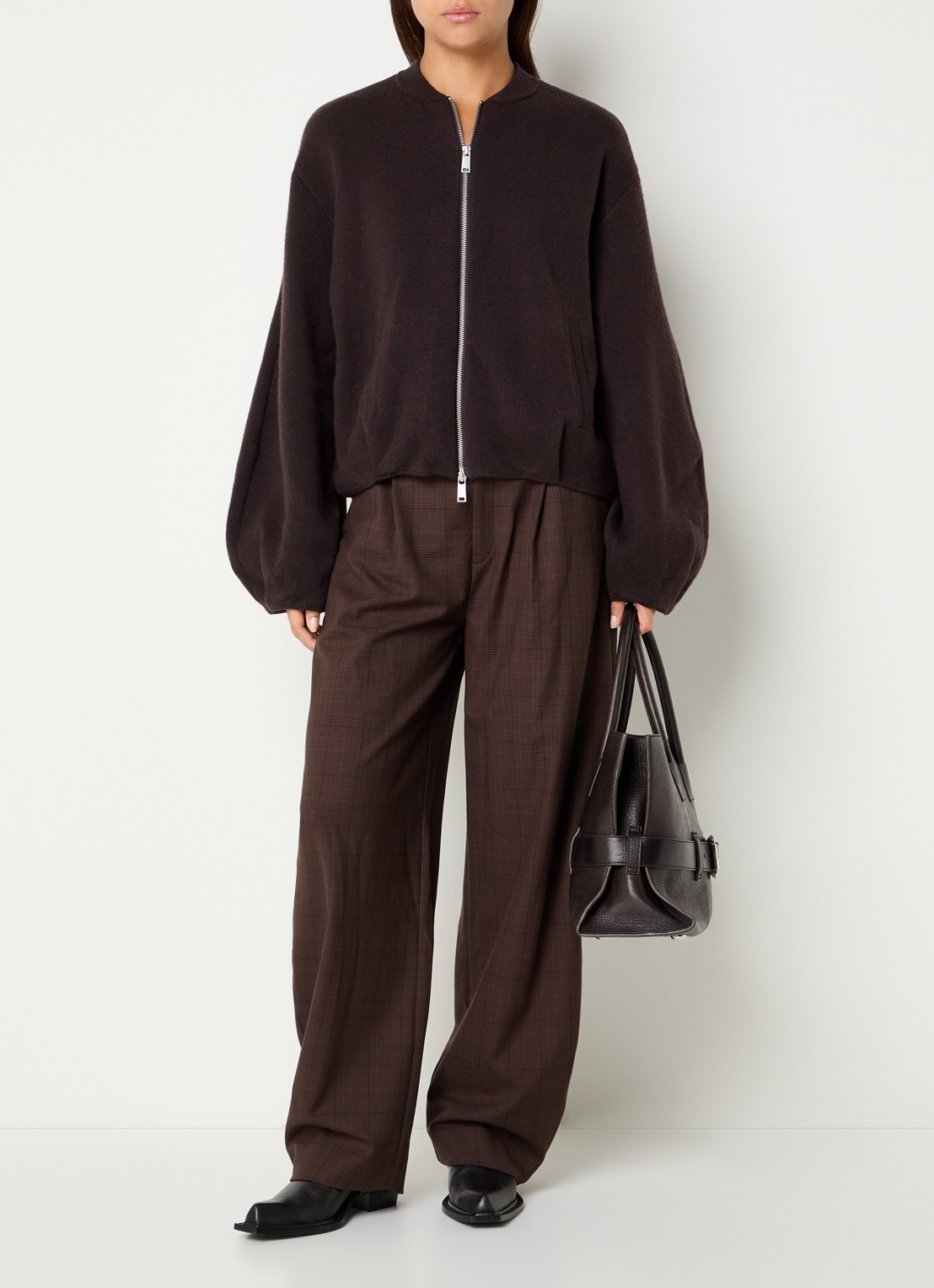 Gestuz Lavana high waist wide fit pantalon met ruitdessin - voorkant 4 bruin