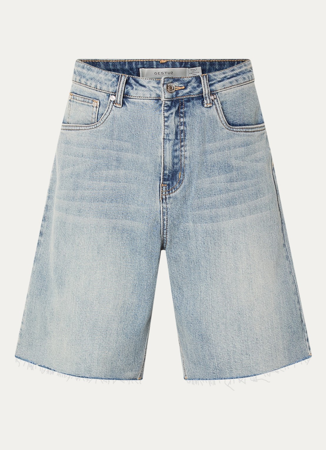 Gestuz Noma high waist straight fit korte broek van denim - voorkant indigo