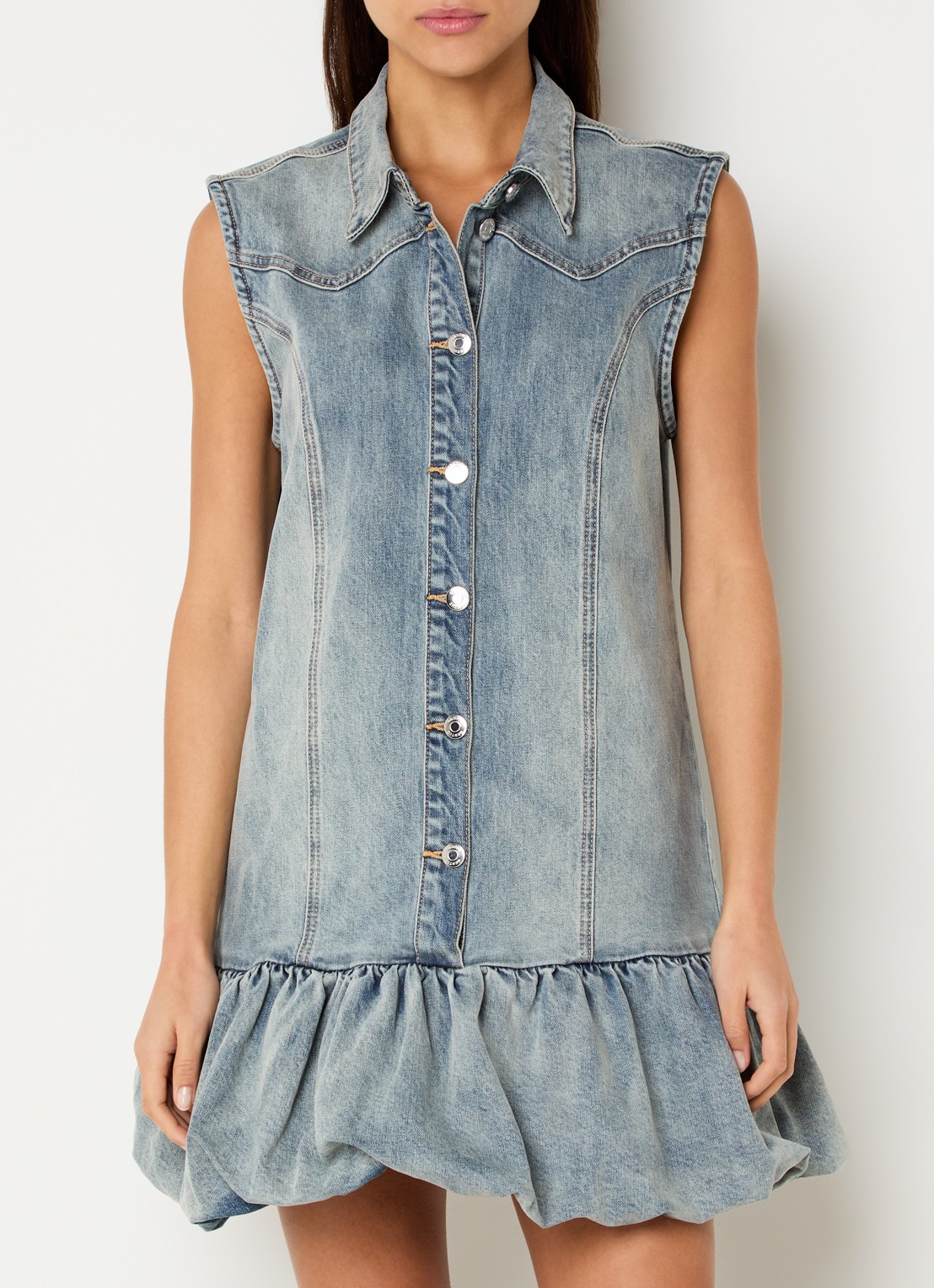 Gestuz Noma mini blousejurk van denim - detail 4 blauwgrijs