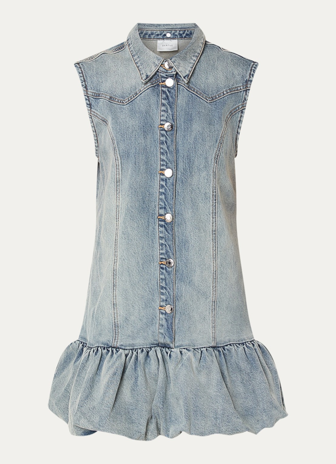Gestuz Noma mini blousejurk van denim - voorkant 2 blauwgrijs