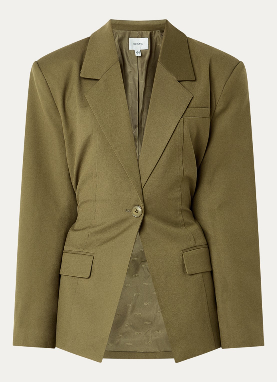 Gestuz Olivia blazer met ceintuur en klepzakken - voorkant 3 olijfgroen