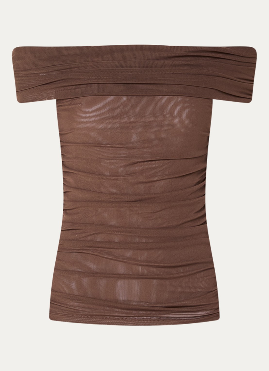 Gestuz Samera semi-transparante off shoulder top  - voorkant 3 hazelnootbruin