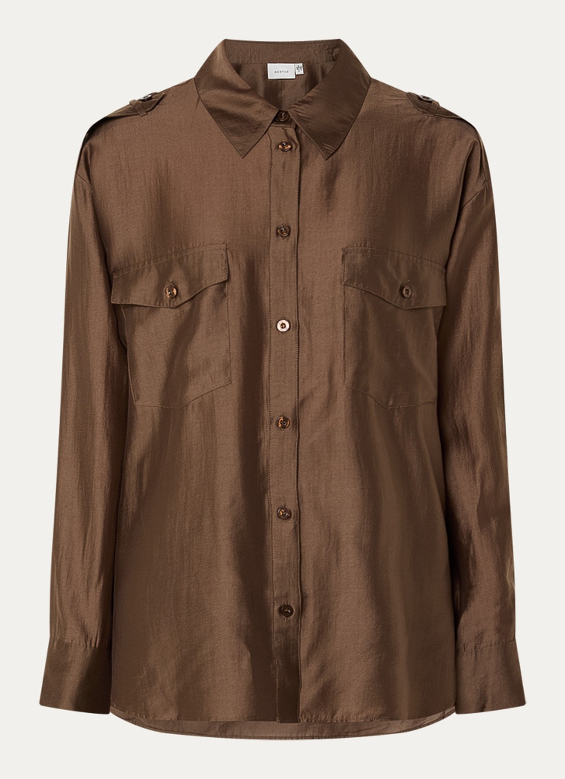 Gestuz Siora blouse van satijn met borstzakken - voorkant 3 donkerbruin