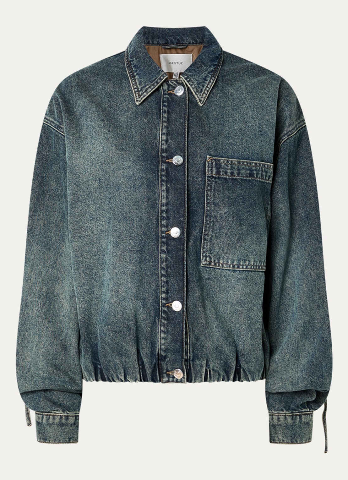 Gestuz Susara spijkerjas met gestrikt detail en ruches - voorkant indigo